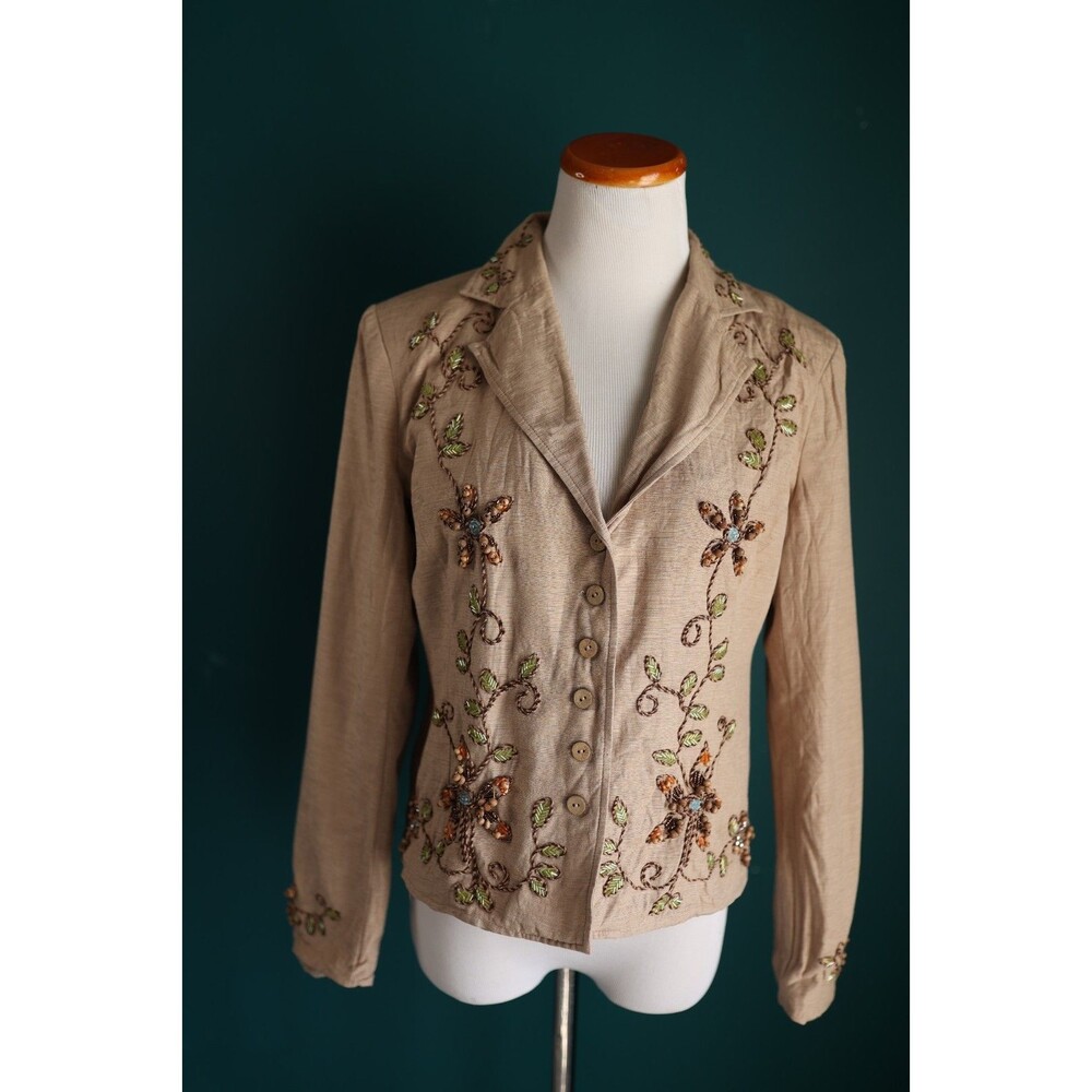 Silkland Size 6 Silk Wood Beaded Button Tan Floral Blazer Jacket Boho Western
